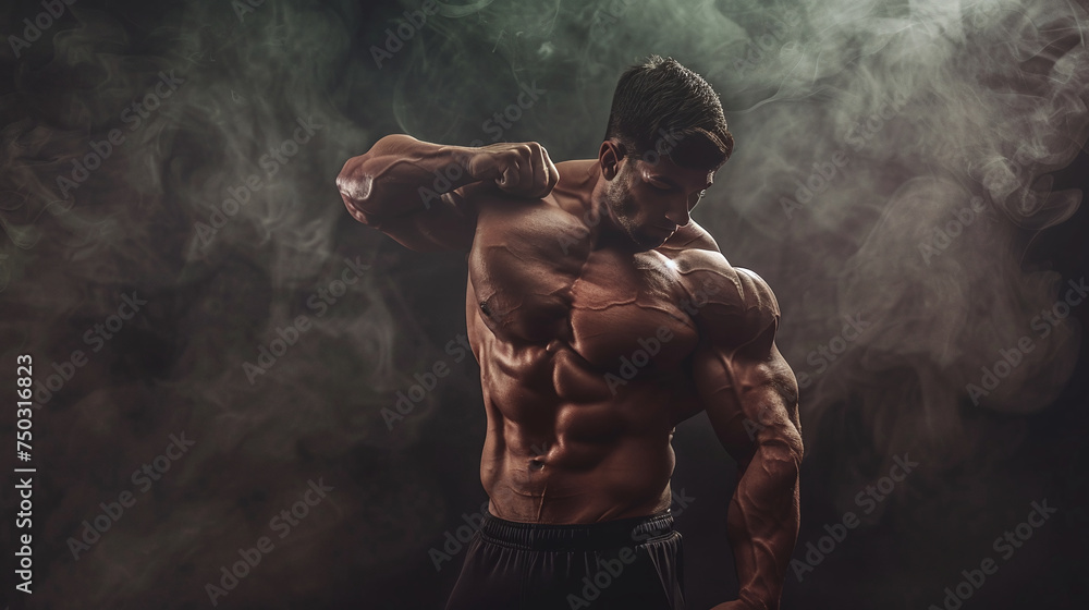 Muscled male athlete posing in a dramatic smoky atmosphere, showcasing strength and fitness.