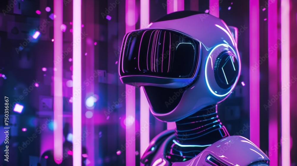 Stylized robot head with virtual reality headset against neon lights, suitable for concepts on AI, VR, gaming, and futuristic technology.