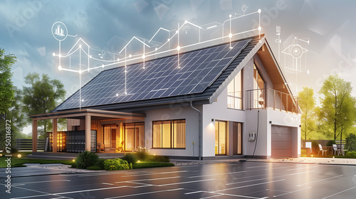 Vector illustration of large rechargeable lithium-ion battery energy storage station and renewable electric power station with solar panels, Backup power  at home ,energy storage system. photo