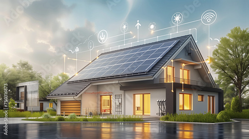 Vector illustration wall box charger station. Residence family house building with clean energy photovoltaic solar panels. Renewable smart house photo