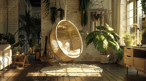 Cozy hanging chair in the loft living room with stylish and bohemia design. Well designed and decorated with an assortment of interesting plants