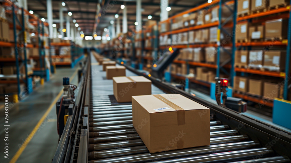 conveyor belt in a distribution warehouse with a row of cardboard box packages for e-commerce delivery and automated logistics concept, conveyor belt in a distribution warehouse with a row of cardboard box packages for e-commerce delivery and automated logistics concept,