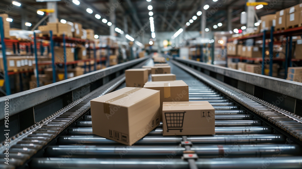 conveyor belt in a smart distribution warehouse with a row of cardboard box packages for e-commerce delivery and automated logistics concept conveyor belt in a smart distribution warehouse with a row of cardboard box packages for e-commerce delivery and automated logistics concept
