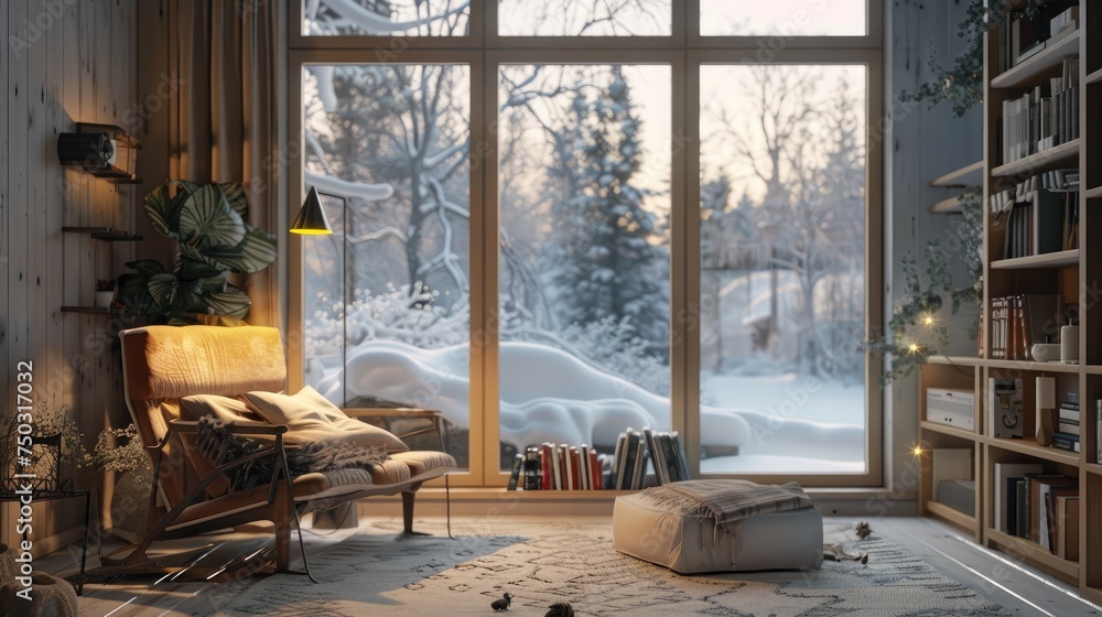 Cozy scandinavian style living room with a rack, a comfortable seat and a table lamp in winter. Cozy scandinavian style living room with a rack, a comfortable seat and a table lamp in winter.