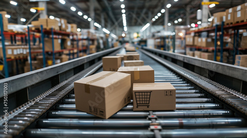 conveyor belt in a smart distribution warehouse with a row of cardboard box packages for e-commerce delivery and automated logistics concept © Fokke Baarssen