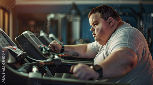 Focused man exercising on a treadmill at the gym, showcasing determination and a healthy lifestyle.