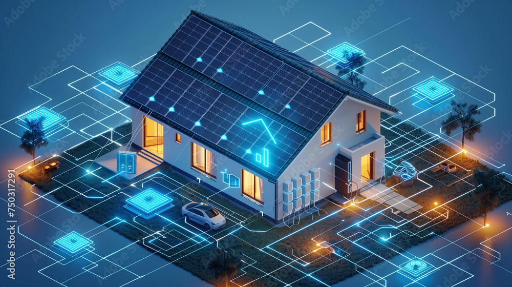 Sustainability illustration eco-friendly technologies. A House with solar energy panels, and an electric car with a battery backup on the wall. Vector illustration. - obrazy, fototapety, plakaty 
