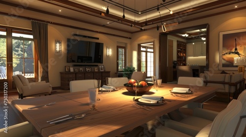 Dining room interior view from the dining table to the living room television screen. render