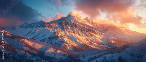 The golden hour light bathes a snow-kissed mountain range, creating a stunning interplay of light and shadow. The evening sun sets the snowy peaks aglow against the rich twilight sky