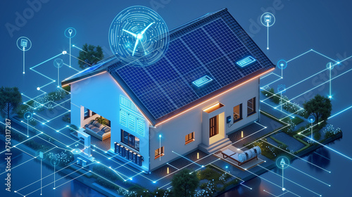 Sustainability illustration saves planet earth with eco-friendly technologies. A House with solar energy panels, and an electric car with a battery backup on the wall. and windmil Vector illustration. photo