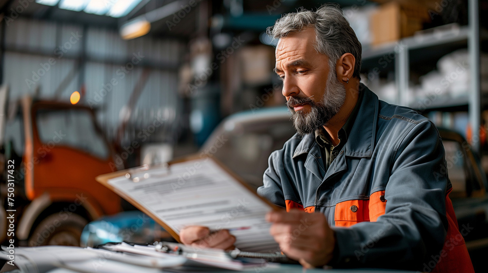 Fototapeta premium Close-up Of A Mature Mechanic Maintaining Car Records, mechanic maintaining car records on clipboard at the repair shop
