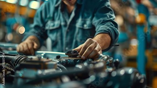 mechanic maintaining car at the repair shop, a Close-up Of A Mature Mechanic Maintaining Car Records, a male worker at a car repair garage © Fokke Baarssen