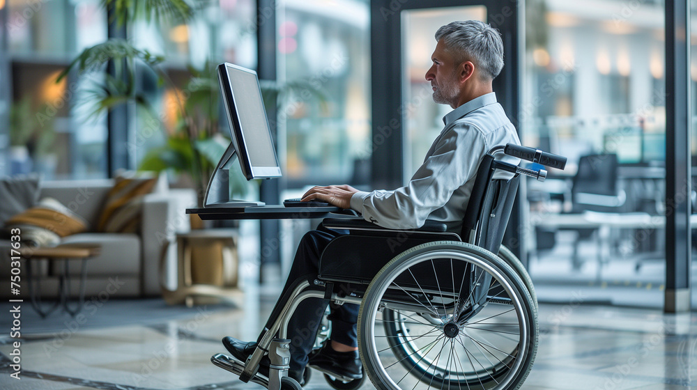 Disabled Businessman Sitting In Wheelchair Using Computer At Workplace, disabled man in a wheelchair in a modern office Disabled Businessman Sitting In Wheelchair Using Computer At Workplace, disabled man in a wheelchair in a modern office