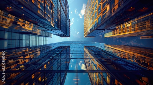 A stunning upward perspective of towering skyscrapers reflects the vibrant sunset hues and serene blue sky. The glass facades create a mesmerizing pattern of reflected light and color