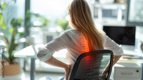 Back Pain Bad Posture Woman Sitting In Office, Business woman with back pain in an office. Pain relief concept