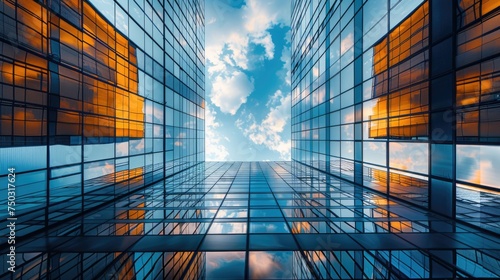 A stunning upward perspective of towering skyscrapers reflects the vibrant sunset hues and serene blue sky. The glass facades create a mesmerizing pattern of reflected light and color