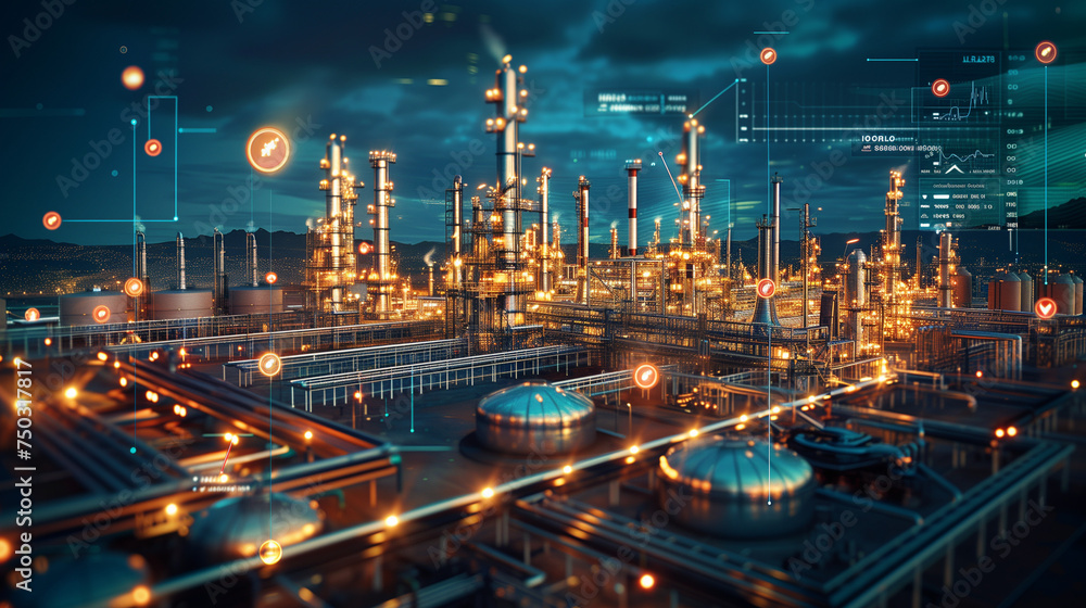 oil and gas refinery or petrochemical factory infrastructure and oil demand price chart concepts with floating icons and price arrow on the screen at night