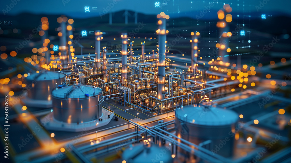 oil and gas refinery or petrochemical factory infrastructure and oil demand price chart concepts with floating icons and price arrow at night