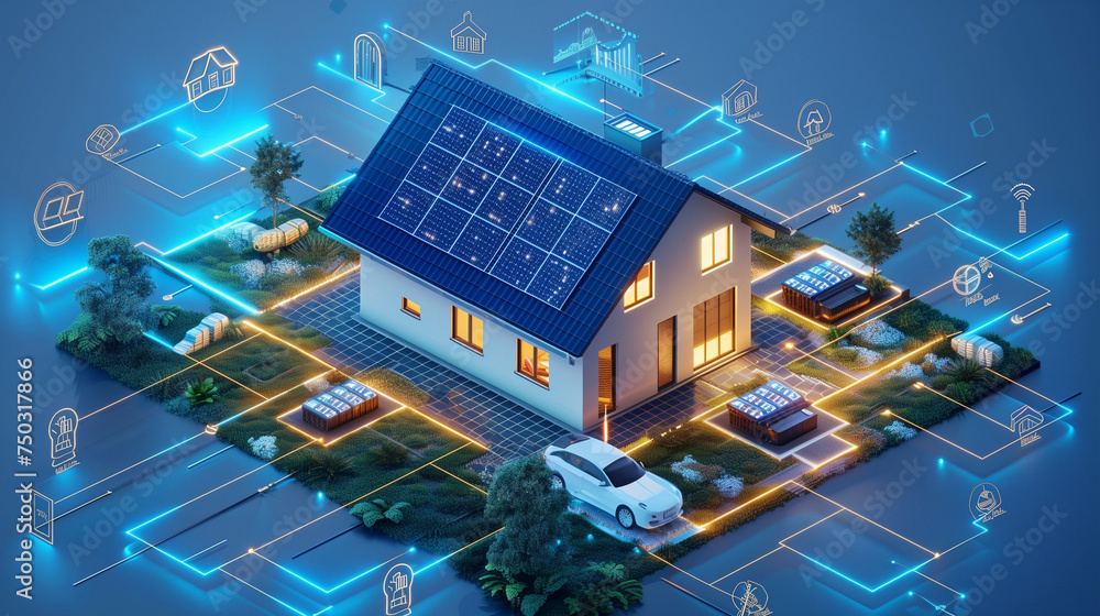 Sustainability illustration saves planet earth with eco-friendly technologies. A House with solar energy panels, and an electric car with a battery backup on the wall. Vector illustration. - obrazy, fototapety, plakaty 