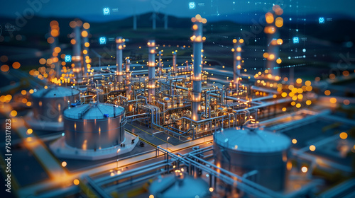 oil and gas refinery or petrochemical factory infrastructure and oil demand price chart concepts with floating icons and price arrow at night