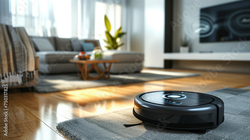 wireless futuristic vacuum Hoover cleaning machine robot on schedule in a living room 