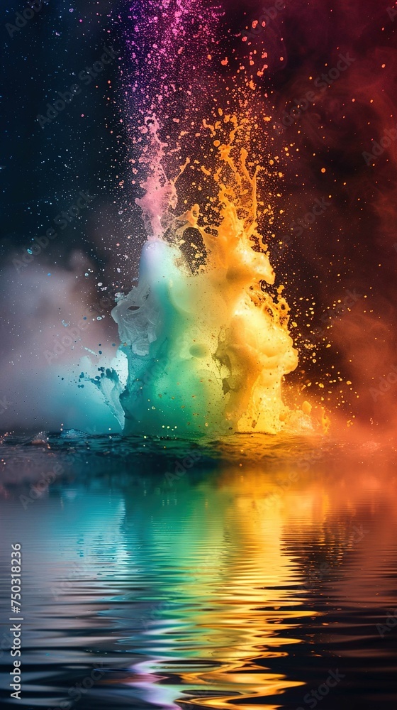 Fototapeta premium The image features a vibrant, colorful explosion of what appears to be paint or colored powder, with droplets and particles suspended in mid-air. The explosion forms a dynamic, abstract shape and disp