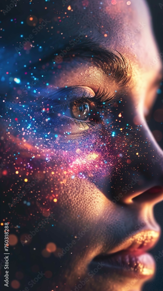 The image is a close-up portrait of a person's face, positioned in profile. The person has clear skin, pronounced eyelashes, and is gazing upward. Their features are bathed in a collage of vibrant col The image is a close-up portrait of a person's face, positioned in profile. The person has clear skin, pronounced eyelashes, and is gazing upward. Their features are bathed in a collage of vibrant col