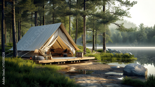 Glamping houses in nature forest by lake. generative ai