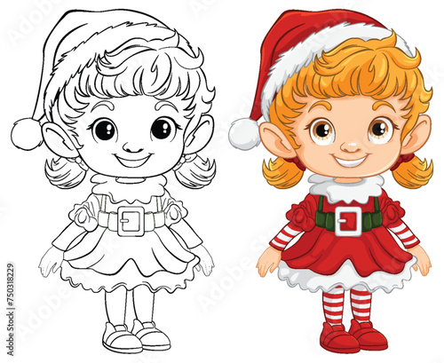 "Vector illustration of a Christmas elf girl, colored and line art."
