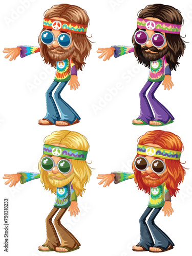 Four colorful hippie characters in vintage attire.
