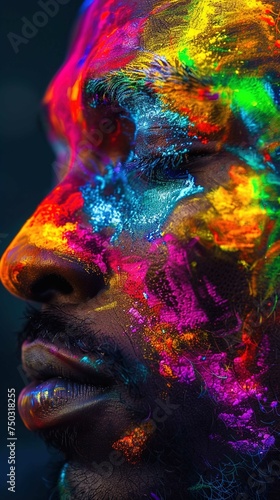 The image features a close-up of a person s profile with vibrant  multi-colored powder dusted across their face. The bright neon colors range from yellow at the top of the head  blending into red  pin