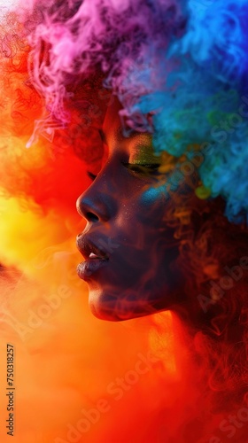 The image features a close-up portrait of a person with an ethereal and artistic quality, infused with a vibrant spectrum of colors. The person in the image has their eyes closed and is surrounded by 