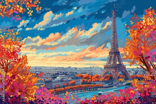 Abstract painting concept. Colorful art of the Eiffel Tower in Paris . Generative AI. © Phichitpon