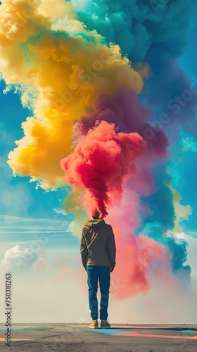 A person is standing facing away from the camera on an outdoor surface with a clear sky visible above. The person's head is obscured by a large, vibrant cloud of multicolored smoke which takes on hues