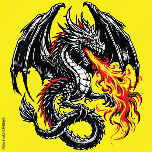 angry dragon spit fire vector for tattoo design