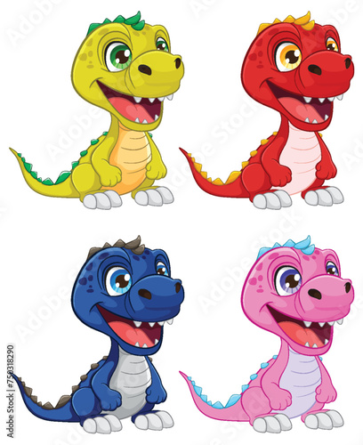 Four cute dinosaurs in vibrant colors smiling.