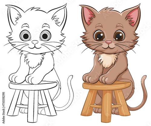 Two cute cartoon kittens sitting on wooden stools.