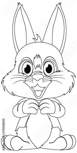 Line art of a cheerful, sitting cartoon rabbit.