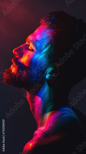 The photo features a profile view of a man with a beard looking upwards. His face and upper body are illuminated with vibrant neon lights, predominantly in shades of blue, purple, red, and a touch of 