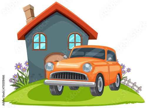 Cartoon of a classic car parked by a small house