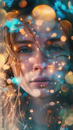 The image features a close-up of a person's face with a focus on their clear blue eyes. The individual has light-colored, messy hair partially covering their forehead and cheeks. Dazzling bokeh light 