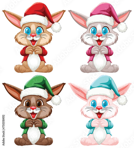 Four cute rabbits dressed in Christmas attire.