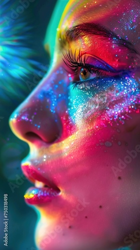 The image shows a close-up of a woman's face from a side perspective, focusing on her eye, eyebrow, nose, and lips. Her skin is adorned with bright, iridescent glitter makeup in a plethora of colors, 