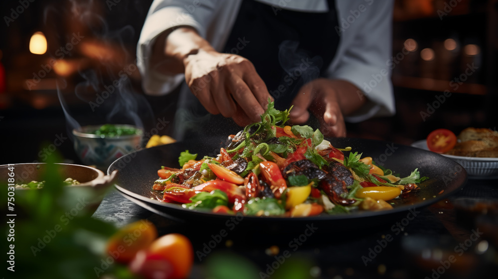  A captivating scene unfolds in an Eastern kitchen as a seasoned chef showcases their culinary finesse, skillfully preparing succulent shrimps and crisp spring beans.