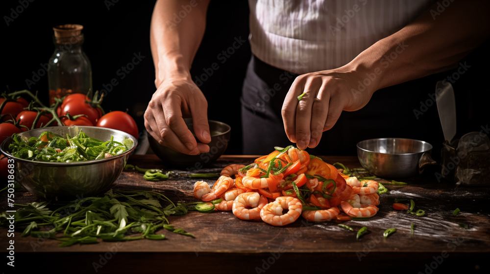 : A skilled chef, donned in professional attire, expertly preparing succulent shrimps with crisp spring beans in a bustling Eastern kitchen.
