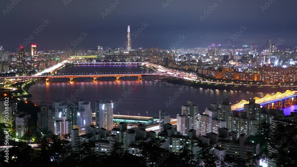 south korea seoul night han river city buildings