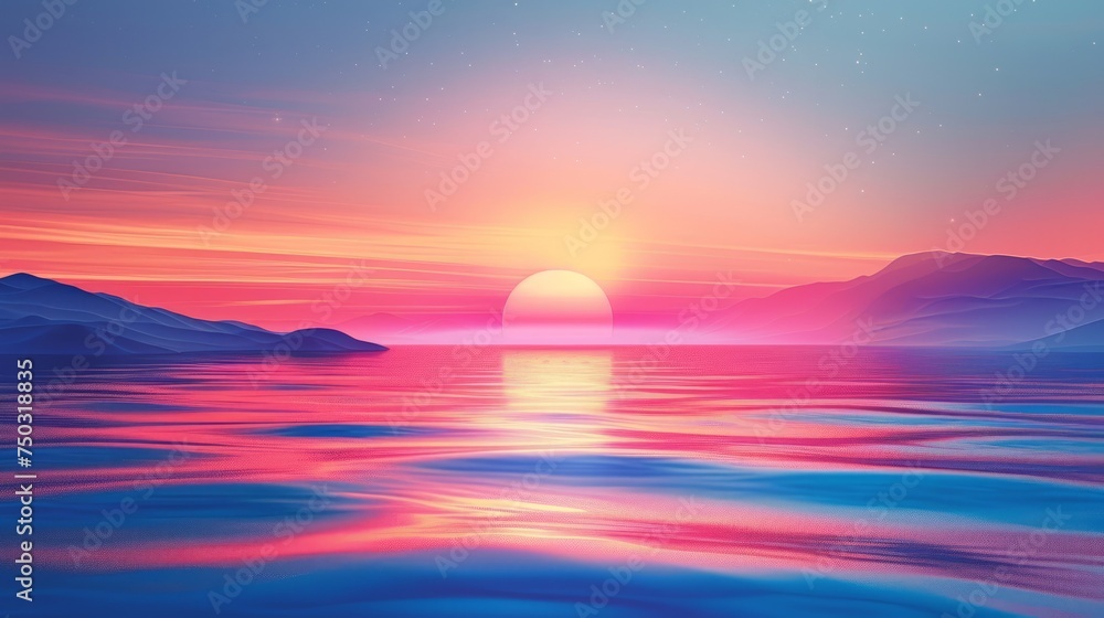 Simple beautiful color wallpaper, purple-pink gradient isolated background. enchanted sky Decorate with a beautiful picture frame showing mountain scenery and the warm glow of the sun.