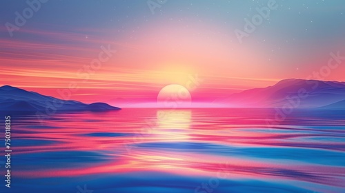 Simple beautiful color wallpaper  purple-pink gradient isolated background. enchanted sky Decorate with a beautiful picture frame showing mountain scenery and the warm glow of the sun.