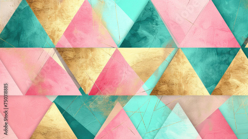 Geometric abstract background with a combination of pink, turquoise and gold for modern wallpaper