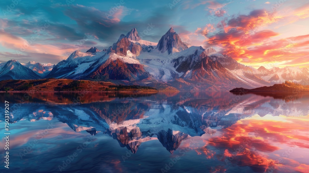 The first light of sunrise sets the sky ablaze with color over a tranquil mountain lake